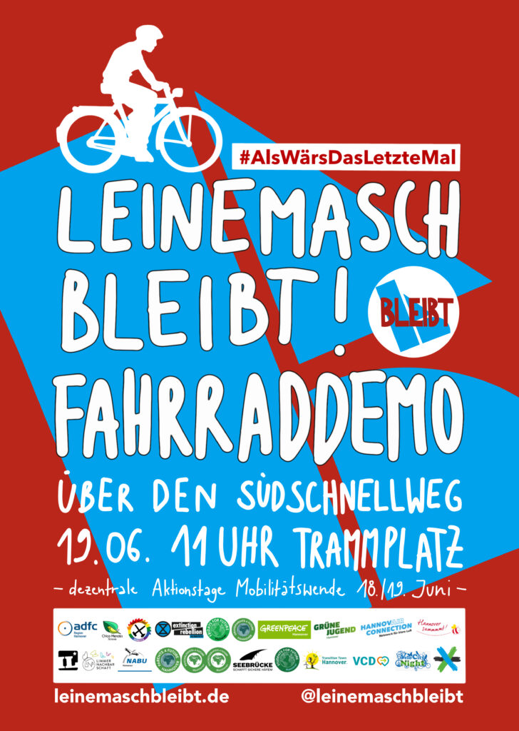 Fahrrad-Demo am Sonntag über den Südschnellweg
19.06. 11 Uhr Trammplatz
leinemaschbleibt.de