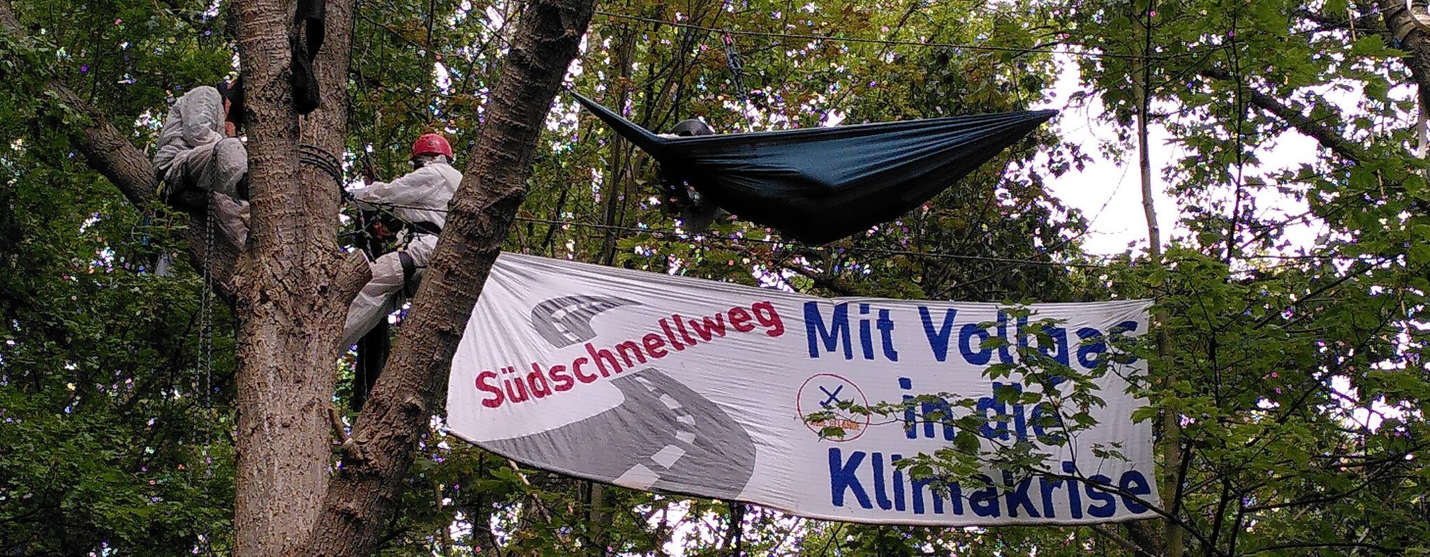 Drei Menschen in weißen Overalls besetzen Bäume. Auf einem Banner steht "Südschnellweg. Mit Vollgas in die Klimakrise"